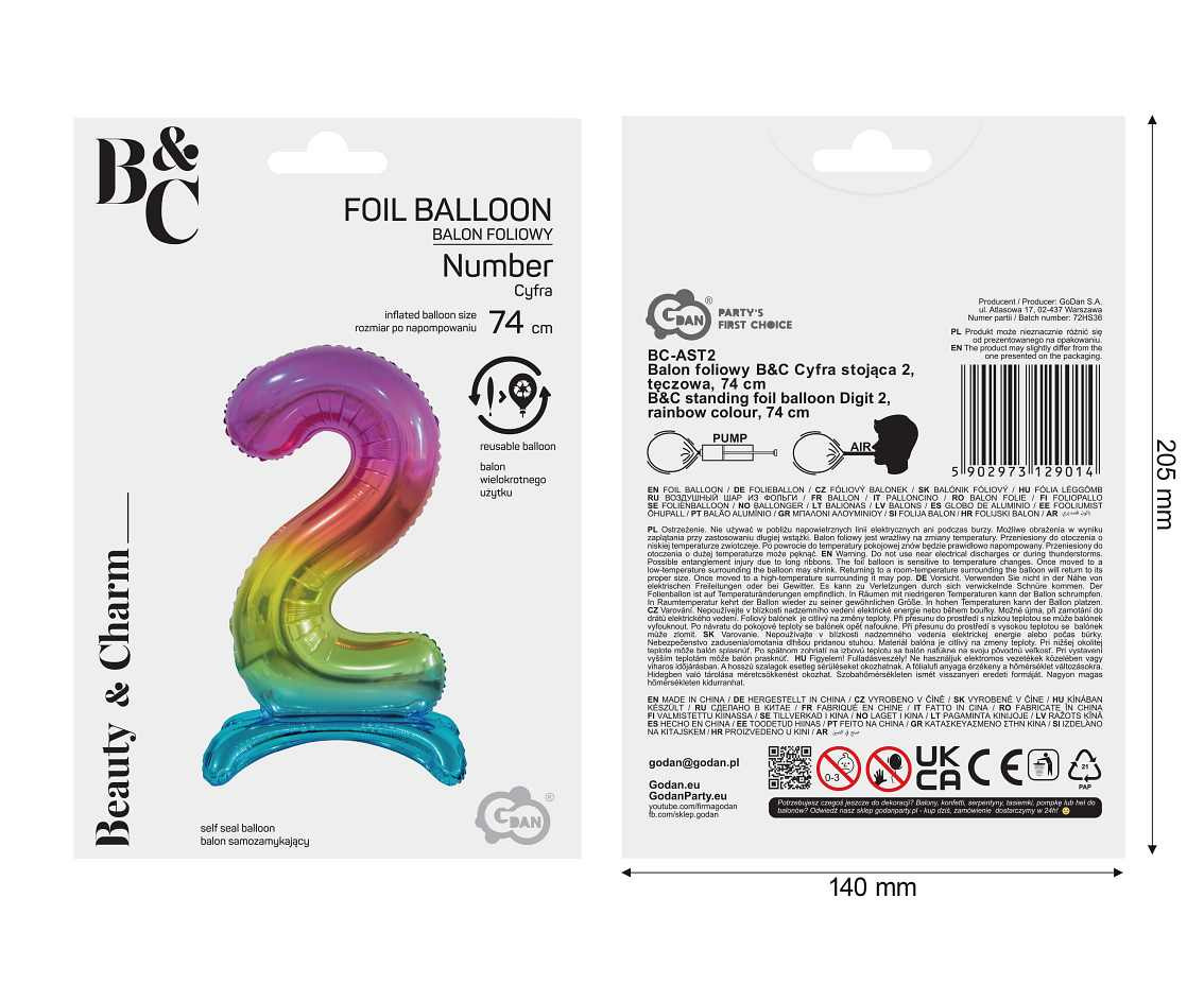 B&C standing foil balloon Digit 2, rainbow colour, 74 cm